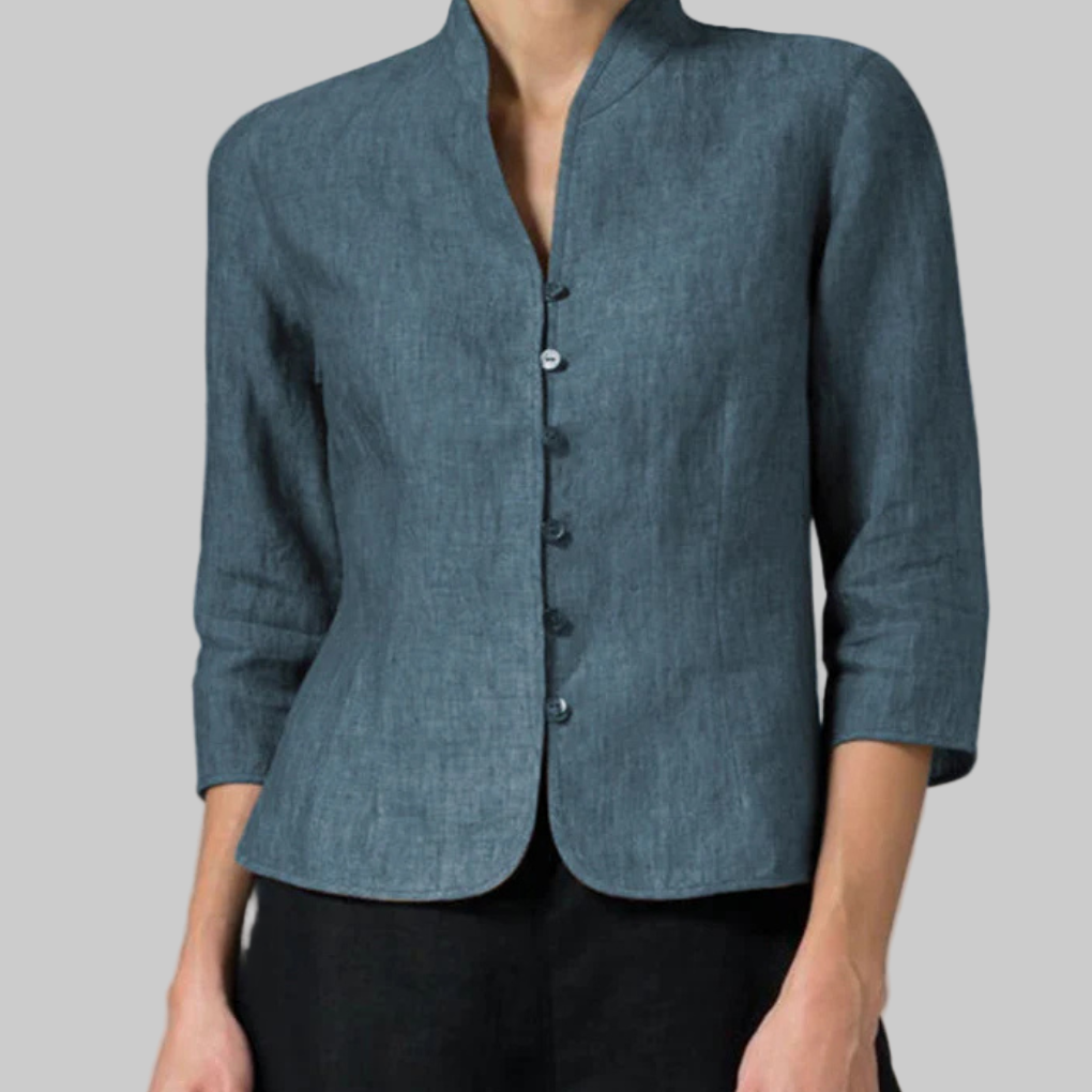 Refined Stand-Collar Blouse for Women – Elegant Three-Quarter Sleeve Top for Work & Polished Everyday Looks