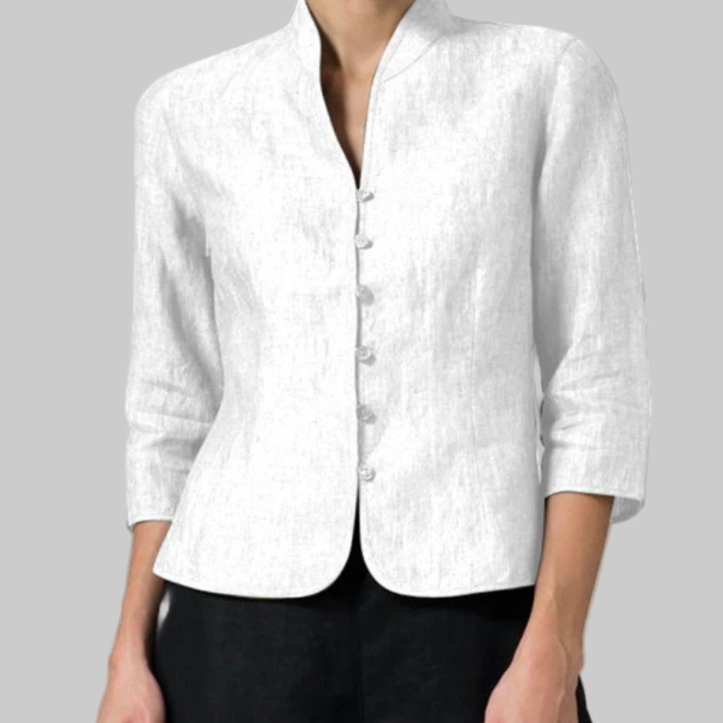 Refined Stand-Collar Blouse for Women – Elegant Three-Quarter Sleeve Top for Work & Polished Everyday Looks