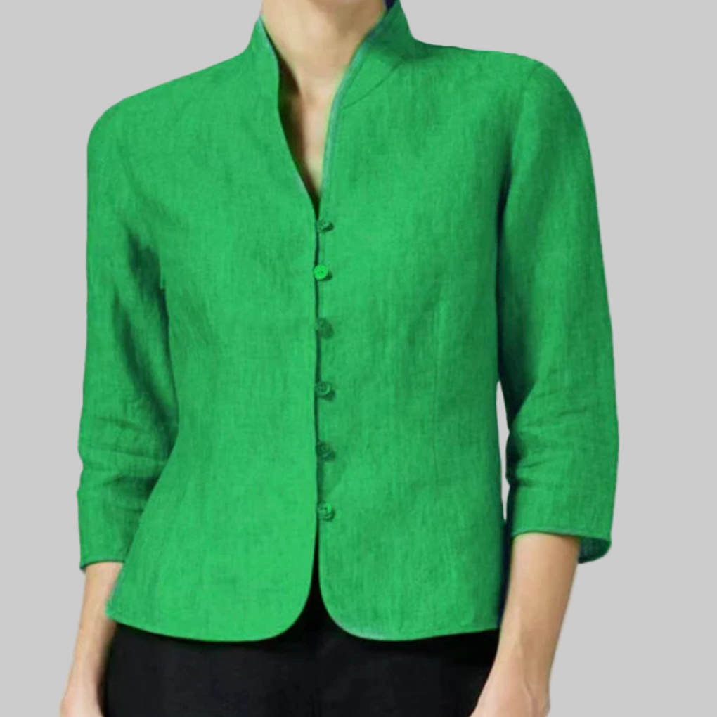 Refined Stand-Collar Blouse for Women – Elegant Three-Quarter Sleeve Top for Work & Polished Everyday Looks