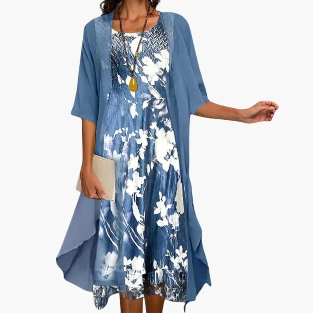Graceful Floral Long Dress & Cardigan Set for Women – Coordinated Two-Piece Outfit for Effortless Layered Style