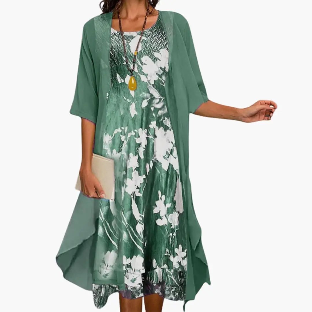 Graceful Floral Long Dress & Cardigan Set for Women – Coordinated Two-Piece Outfit for Effortless Layered Style