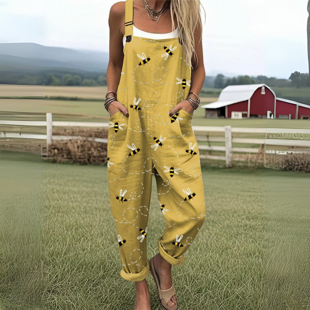 Whimsical Flying Bees Embroidered Wide Leg Jumpsuit for Women – Relaxed Cotton-Feel One-Piece with Pockets