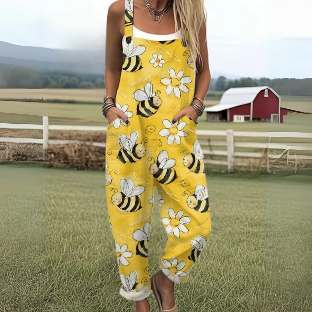 Whimsical Flying Bees Embroidered Wide Leg Jumpsuit for Women – Relaxed Cotton-Feel One-Piece with Pockets
